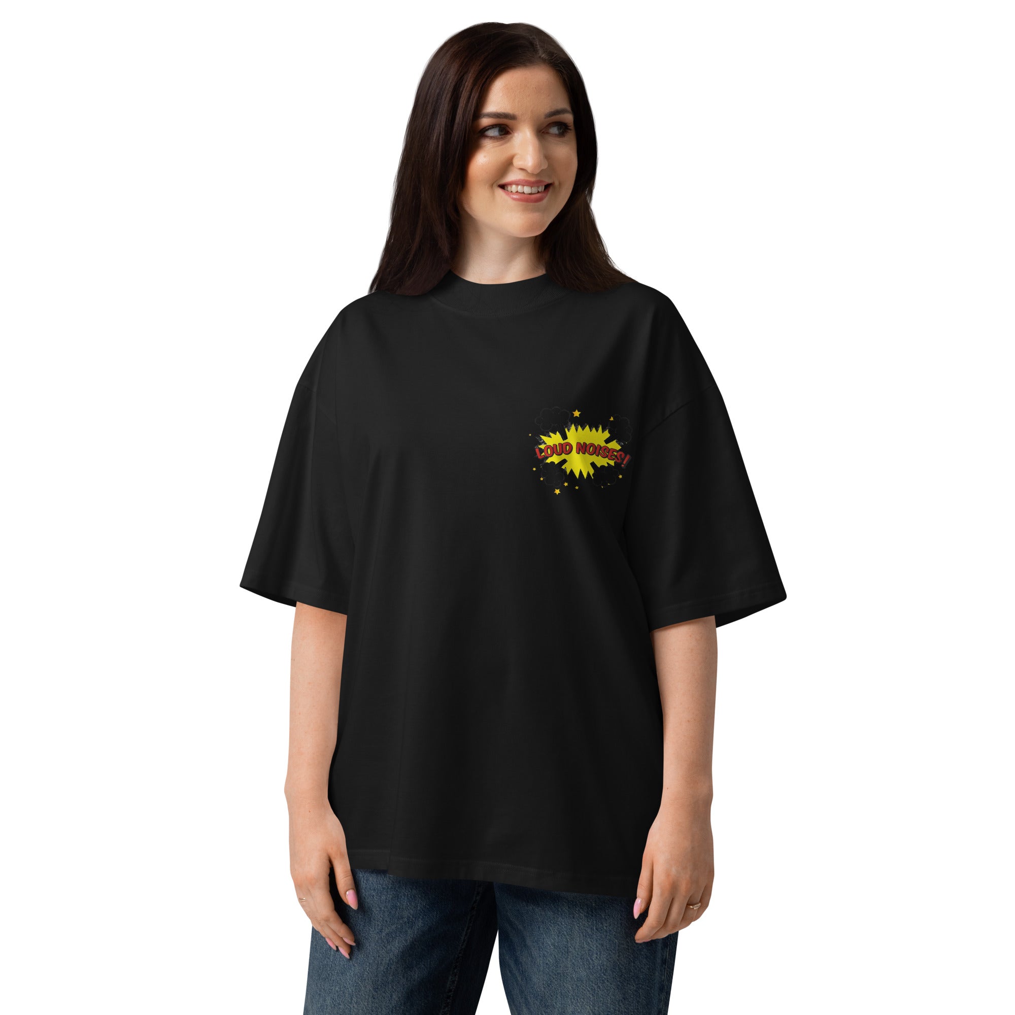Loud Noises Anchorman Brick Tamland minimalist oversized tee in black, front view