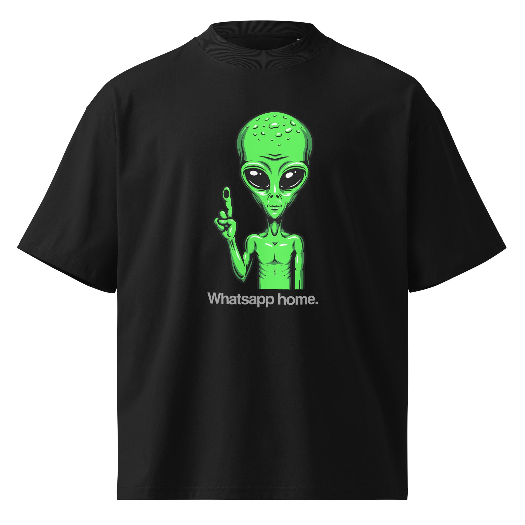 WhatsApp Home funny sci-fi movie oversized tee in black, front view