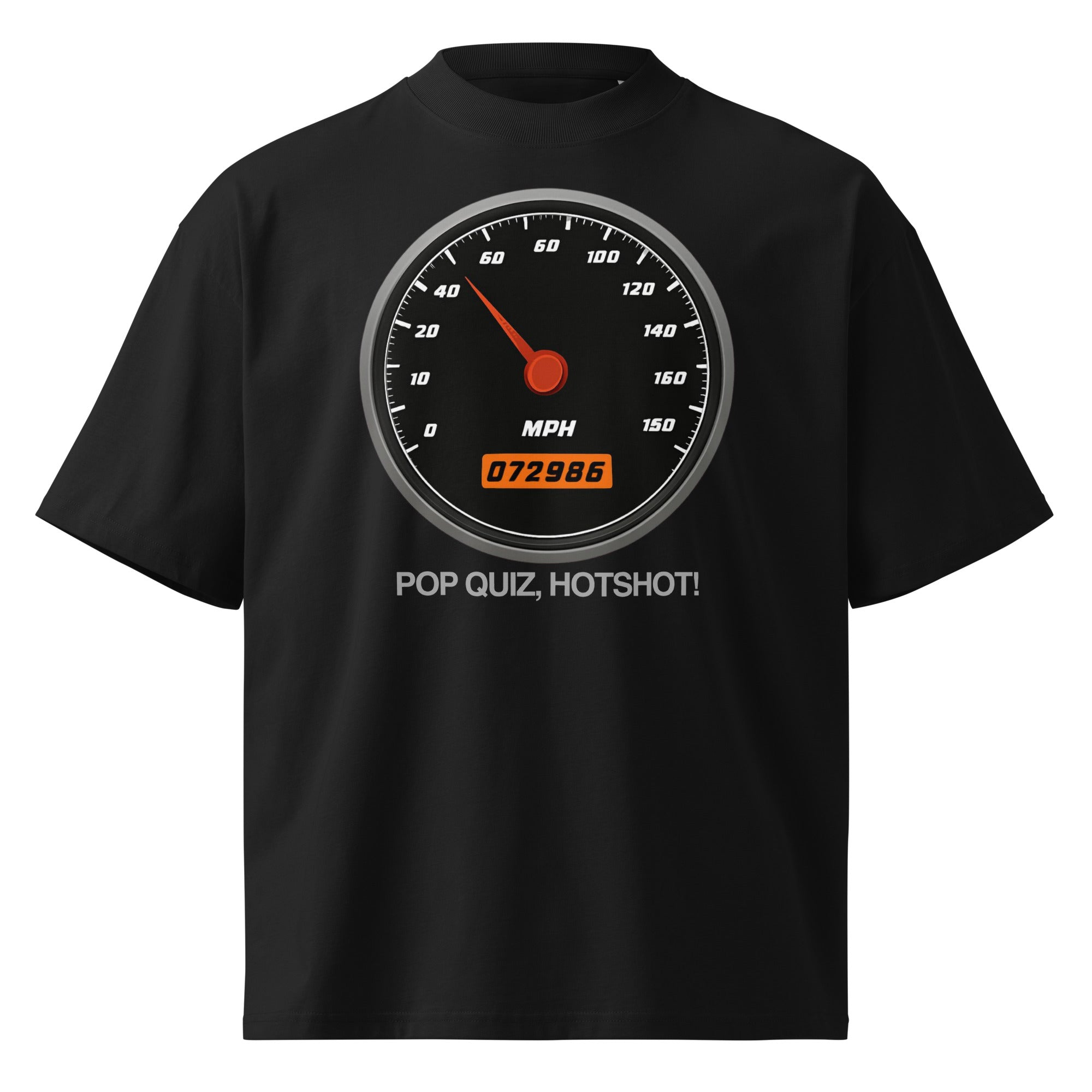 Pop Quiz Hotshot Speed 90s action movie oversized tee in black, front view