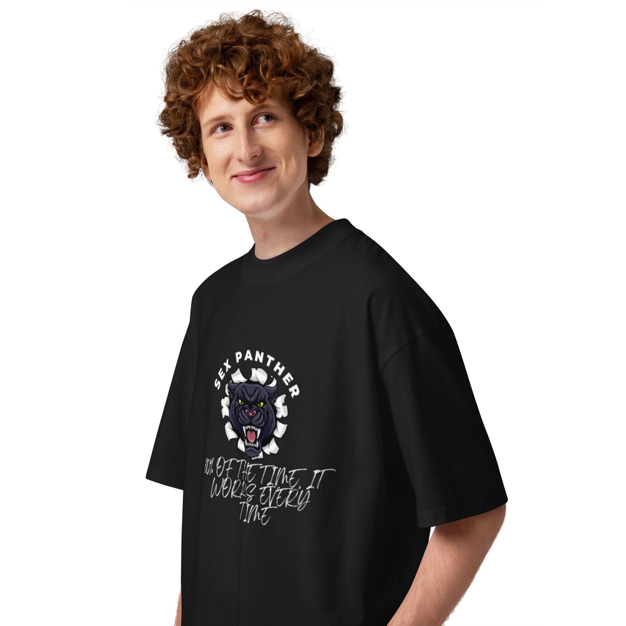 Black-Market Panther Anchorman oversized tee in black, left side view