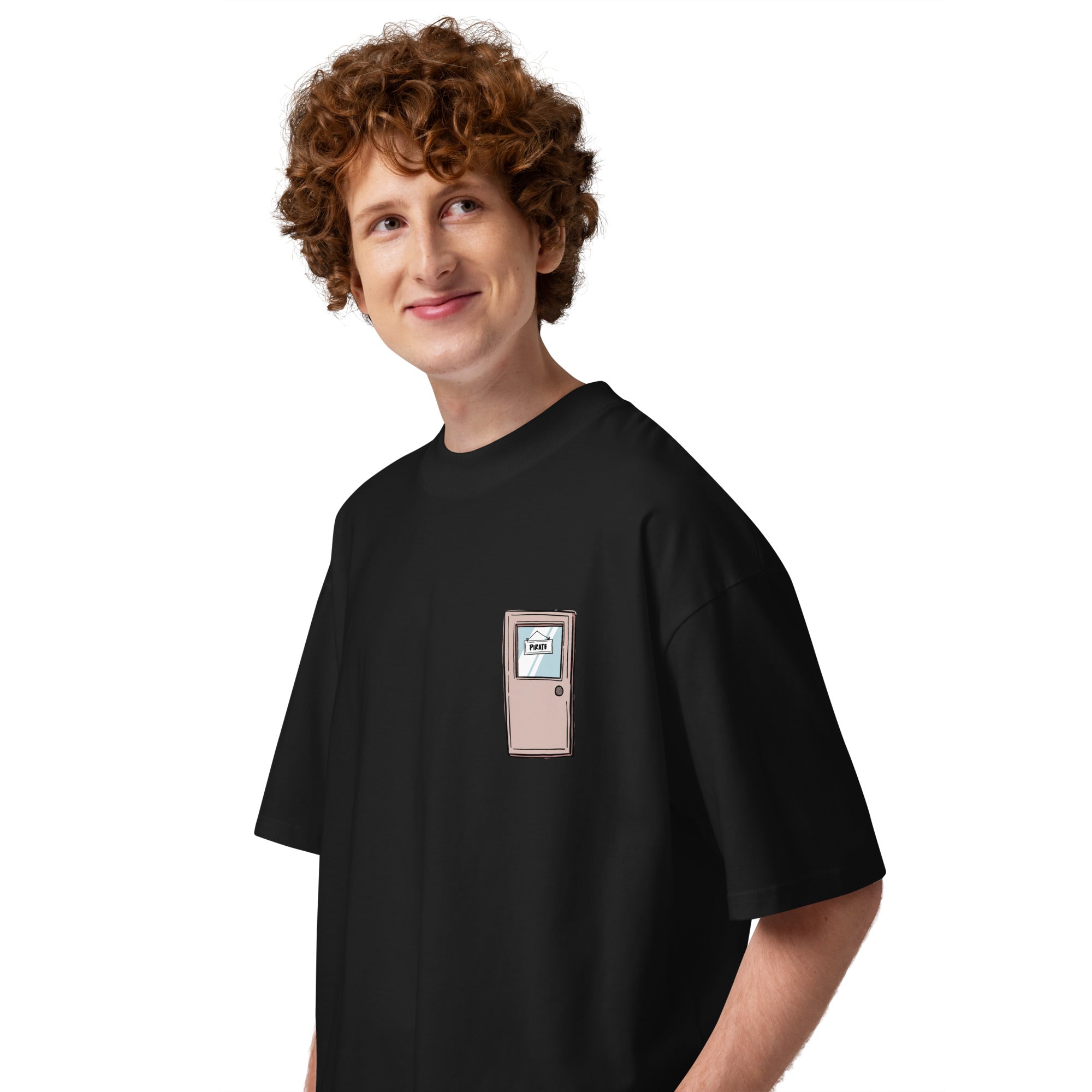 Pirate Door Always Sunny IASIP minimalist oversized tee in black, left side view