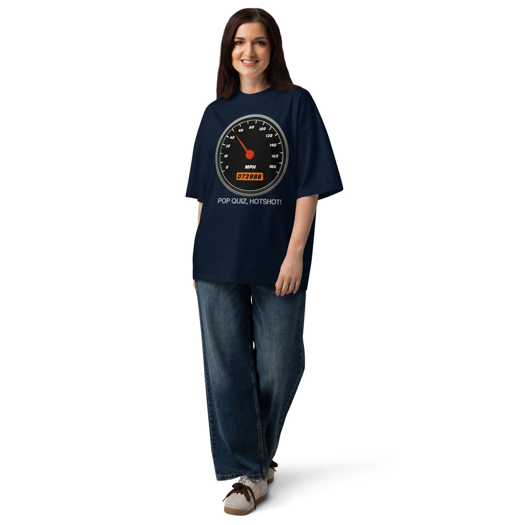 Pop Quiz Hotshot Speed 90s action movie oversized tee in french navy, front view