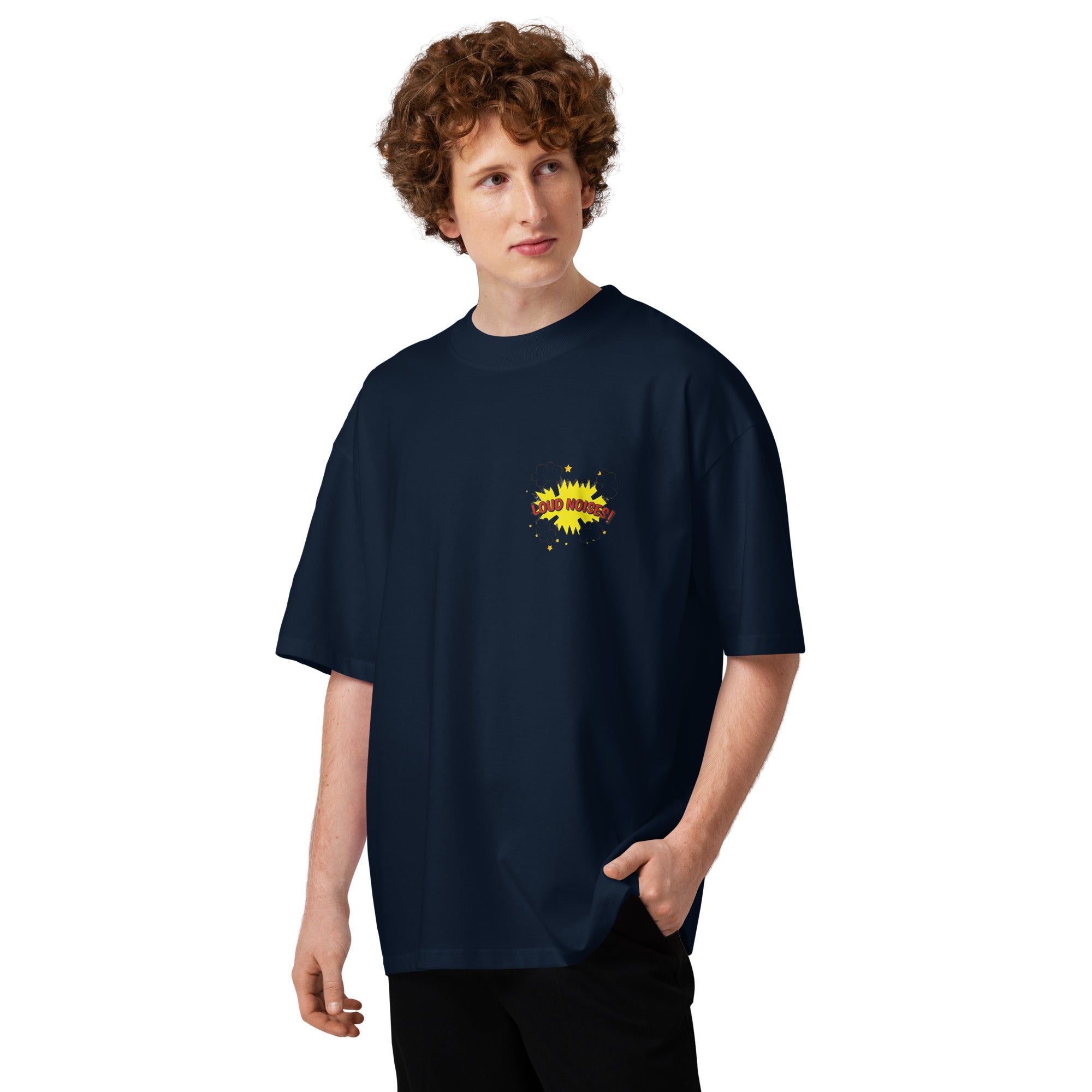 Loud Noises Anchorman Brick Tamland minimalist oversized tee in french navy, front view