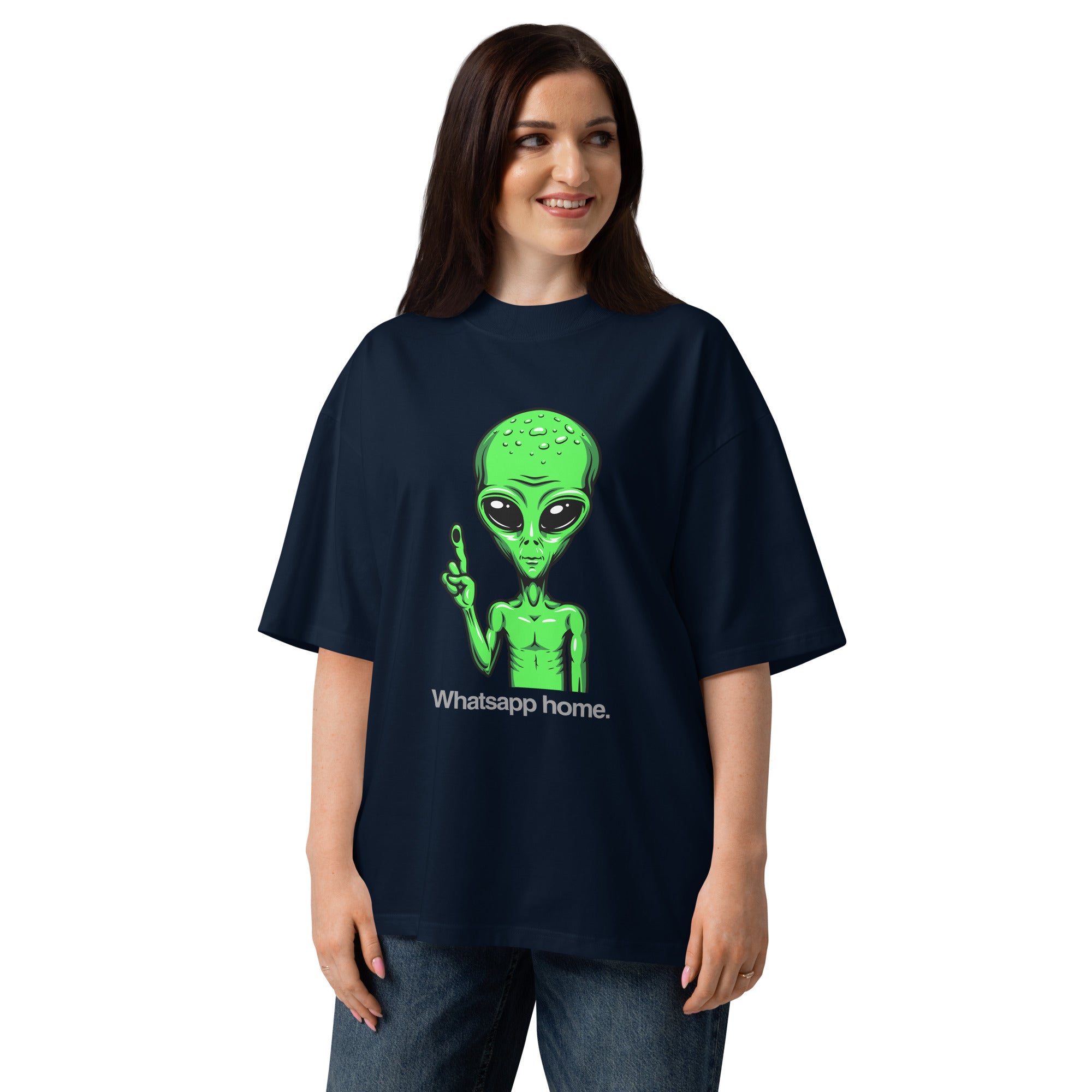 WhatsApp Home funny sci-fi movie oversized tee in french navy, front view