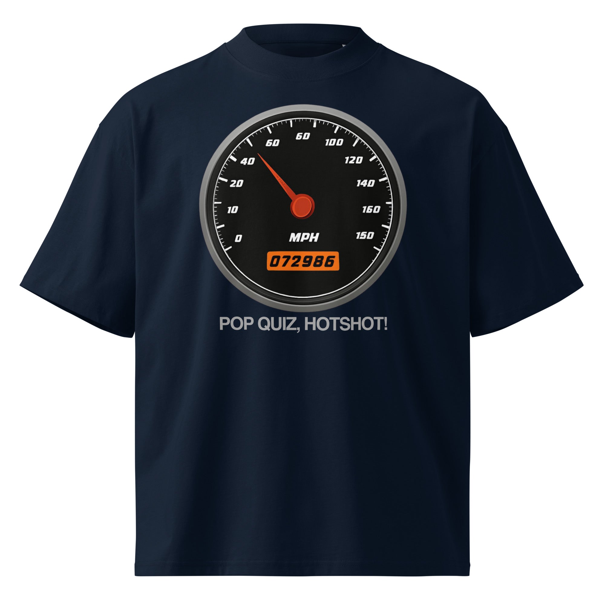 Pop Quiz Hotshot Speed 90s action movie oversized tee in french navy, front view