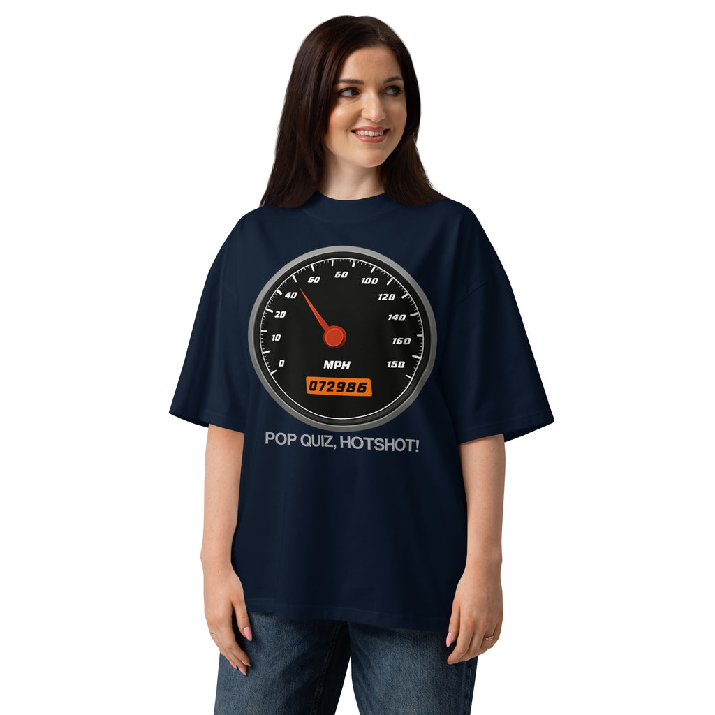 Pop Quiz Hotshot Speed 90s action movie oversized tee in french navy, front view