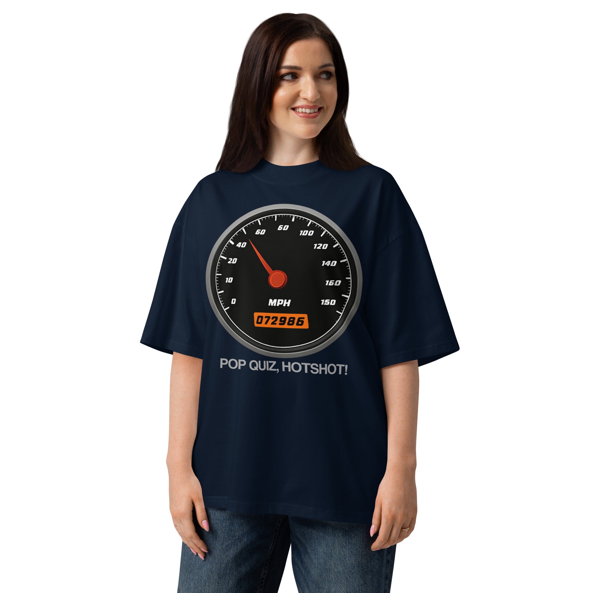 Pop Quiz Hotshot Speed 90s action movie oversized tee in french navy, front view