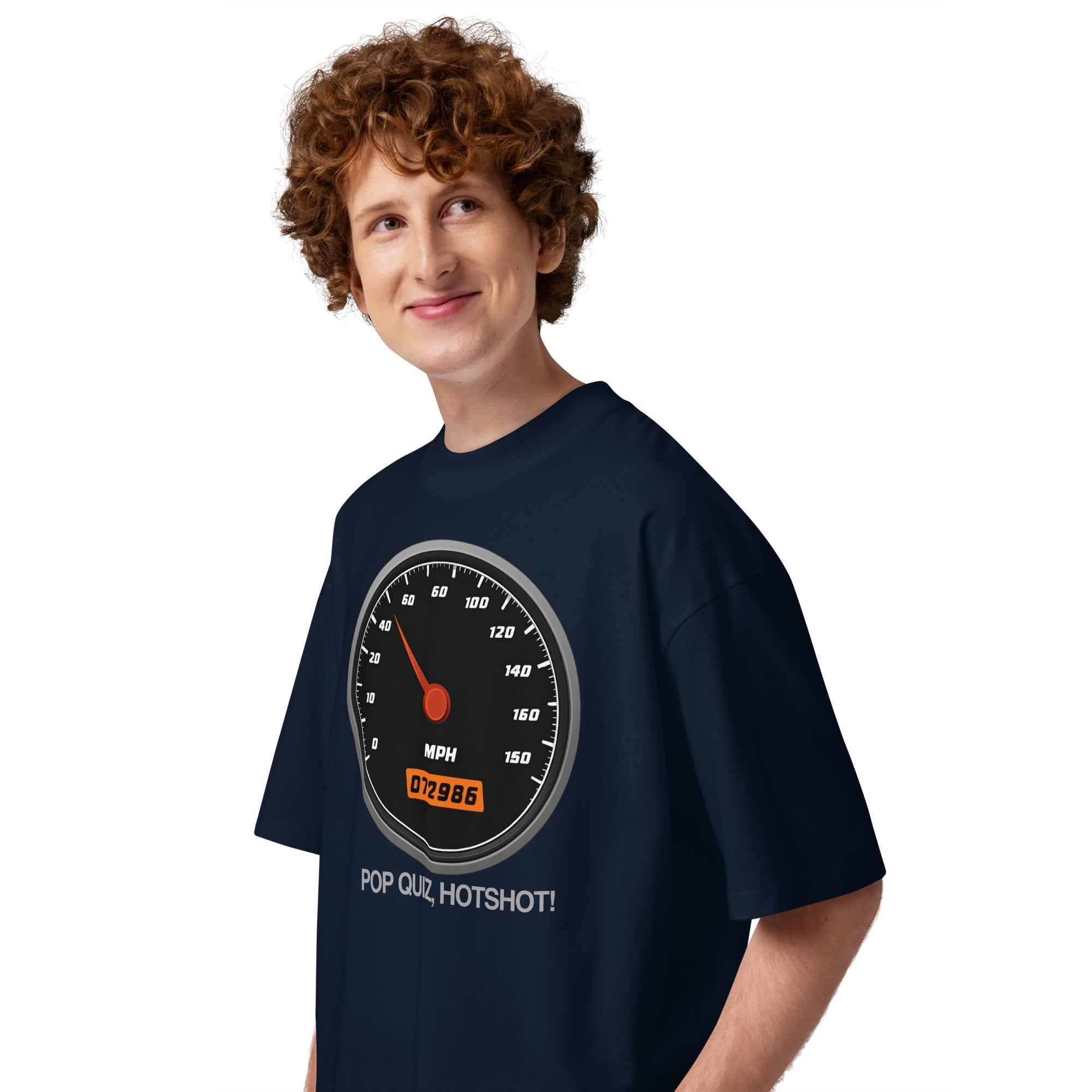 Pop Quiz Hotshot Speed 90s action movie oversized tee in french navy, left side view