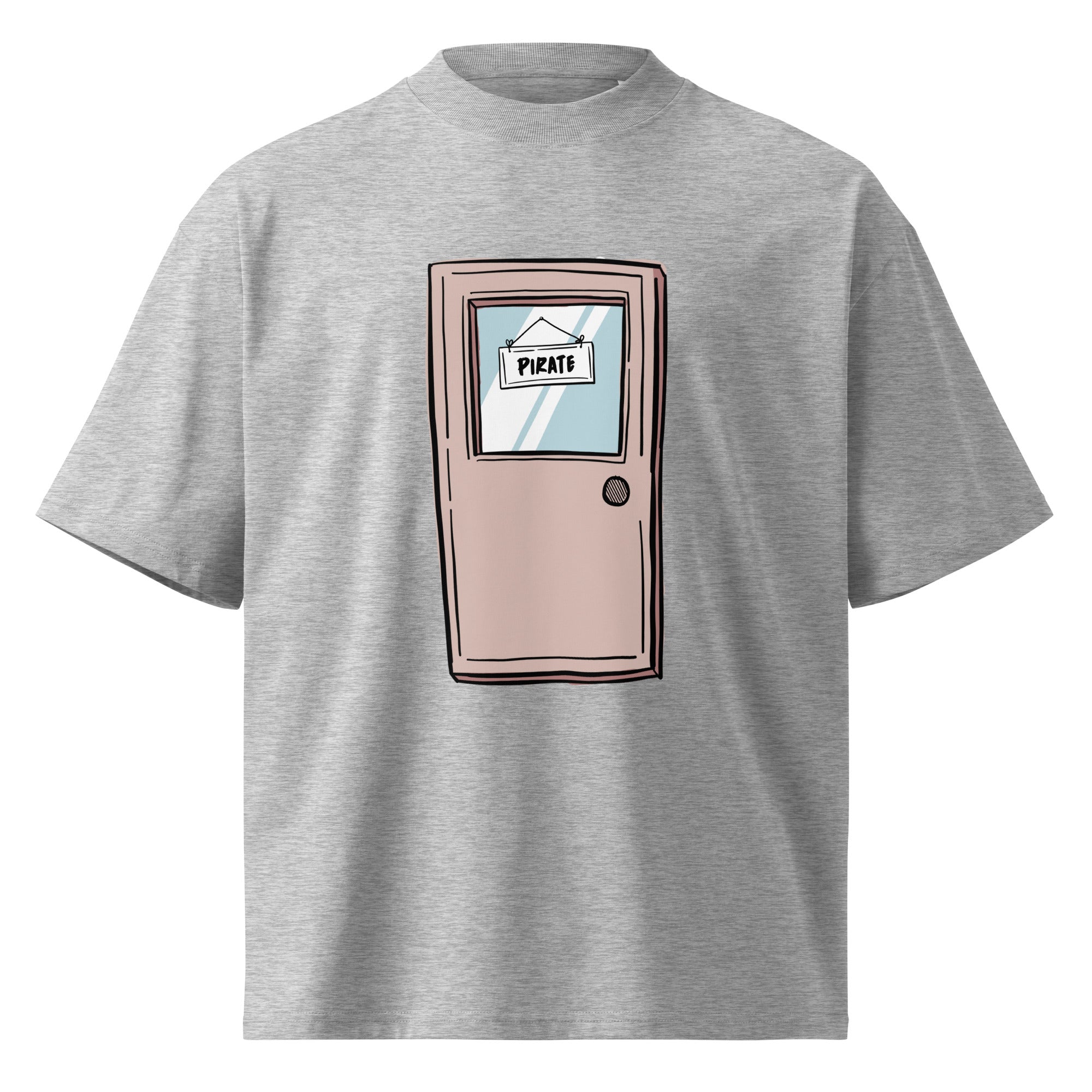Pirate Door Always Sunny IASIP oversized tee in heather grey, front view