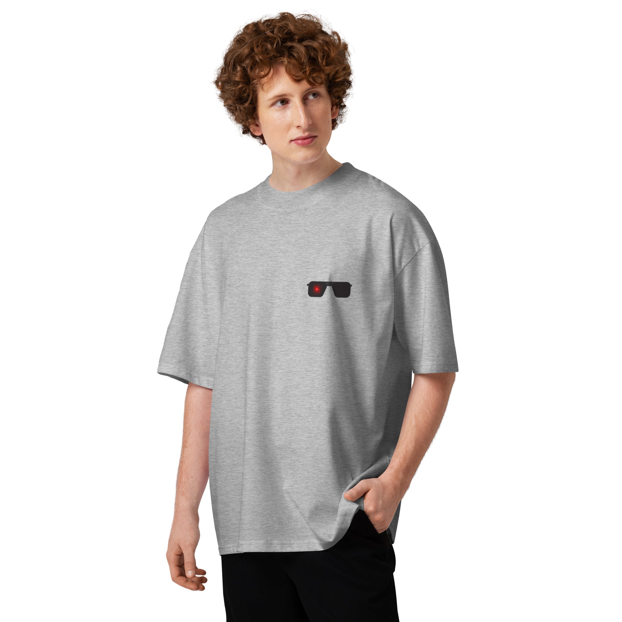 Terminator minimalist sci-fi movie oversized tee in heather grey, front view