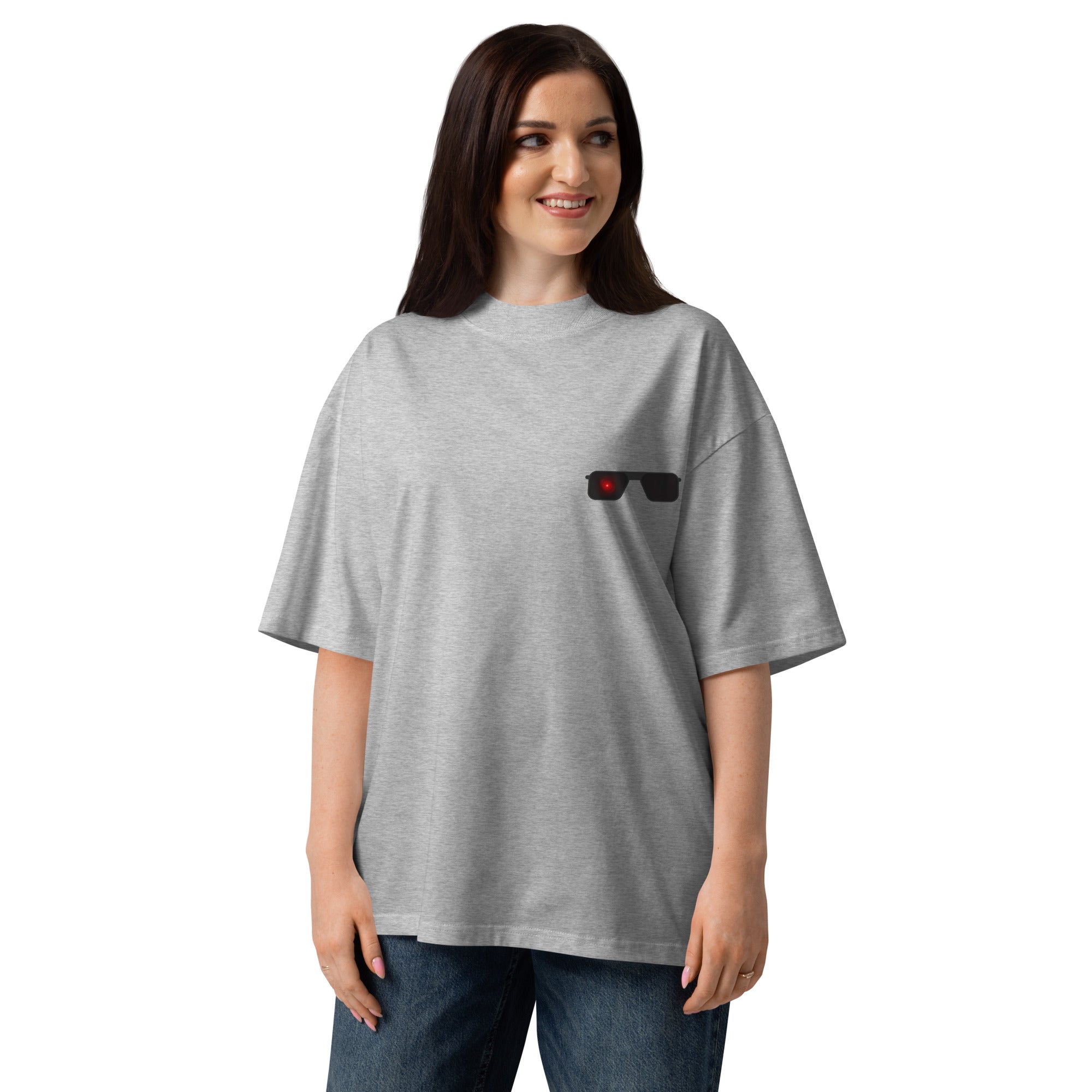 Terminator minimalist sci-fi movie oversized tee in heather grey, front view