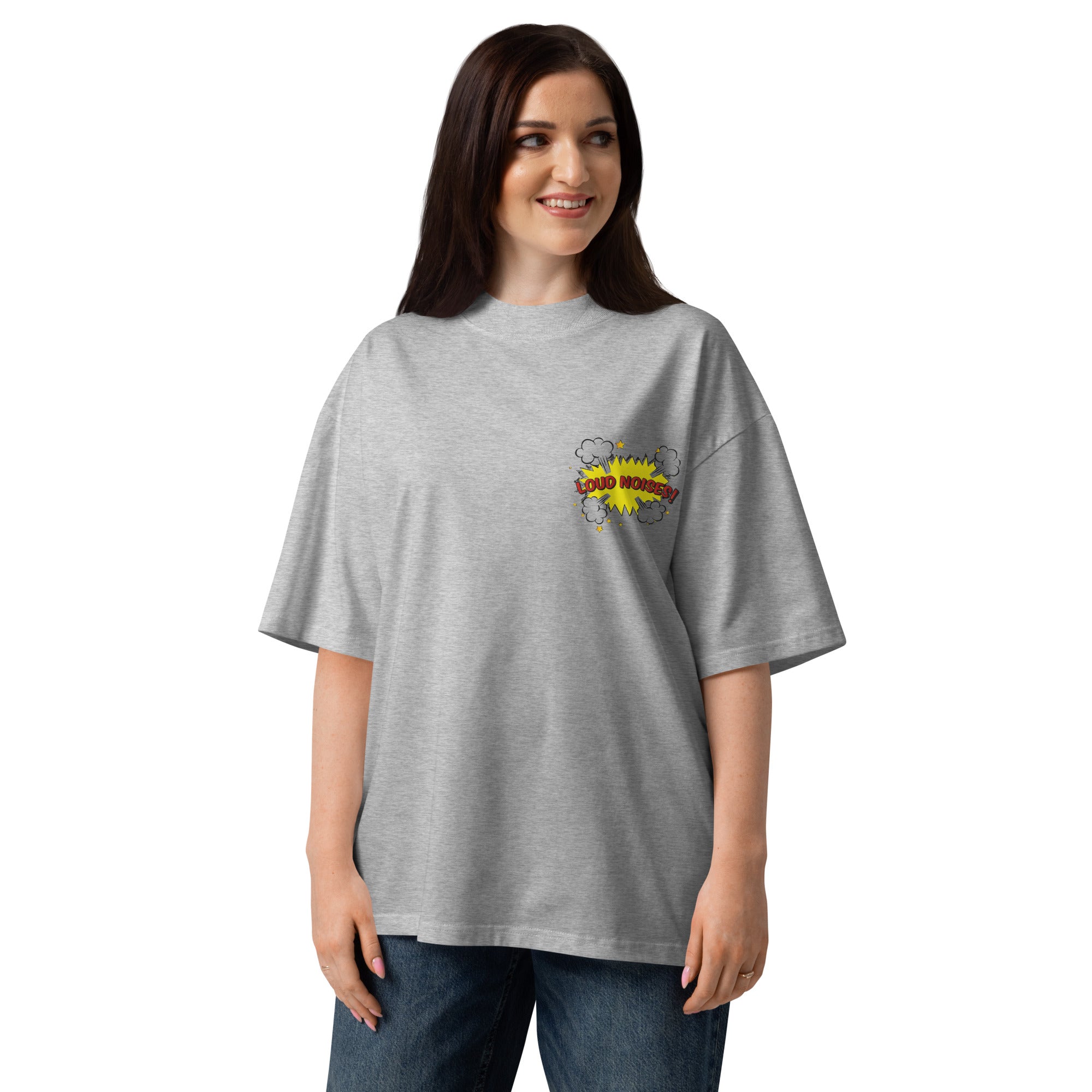Loud Noises Anchorman Brick Tamland minimalist oversized tee in heather grey, front view