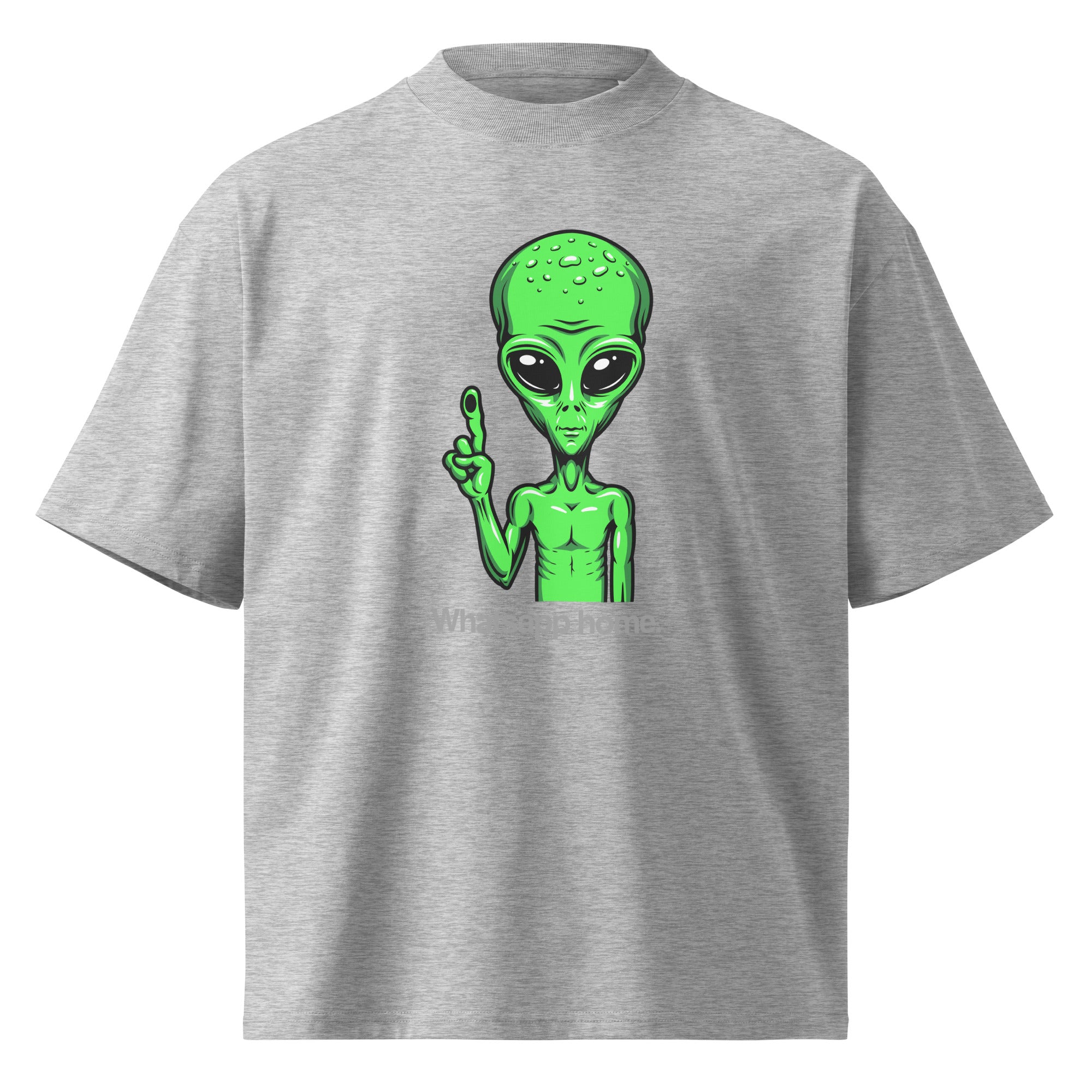 WhatsApp Home funny sci-fi movie oversized tee in heather grey, front view