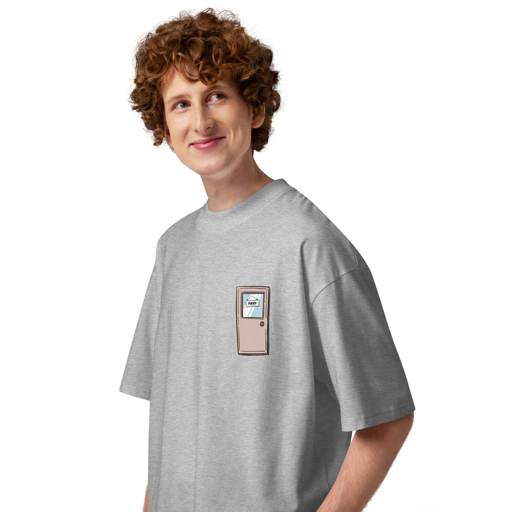 Pirate Door Always Sunny IASIP minimalist oversized tee in heather grey, left side view