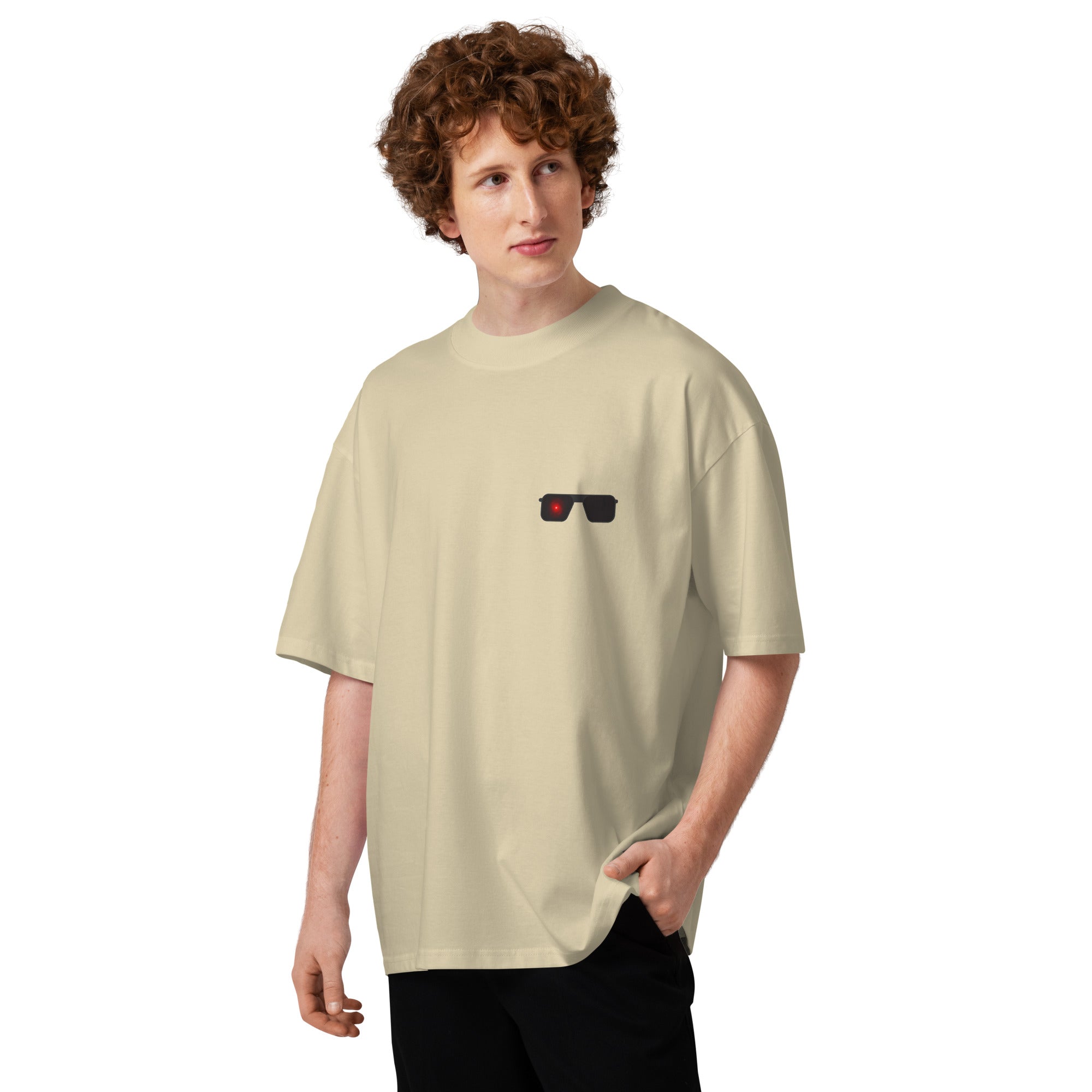 Terminator minimalist sci-fi movie oversized tee in stone, front view