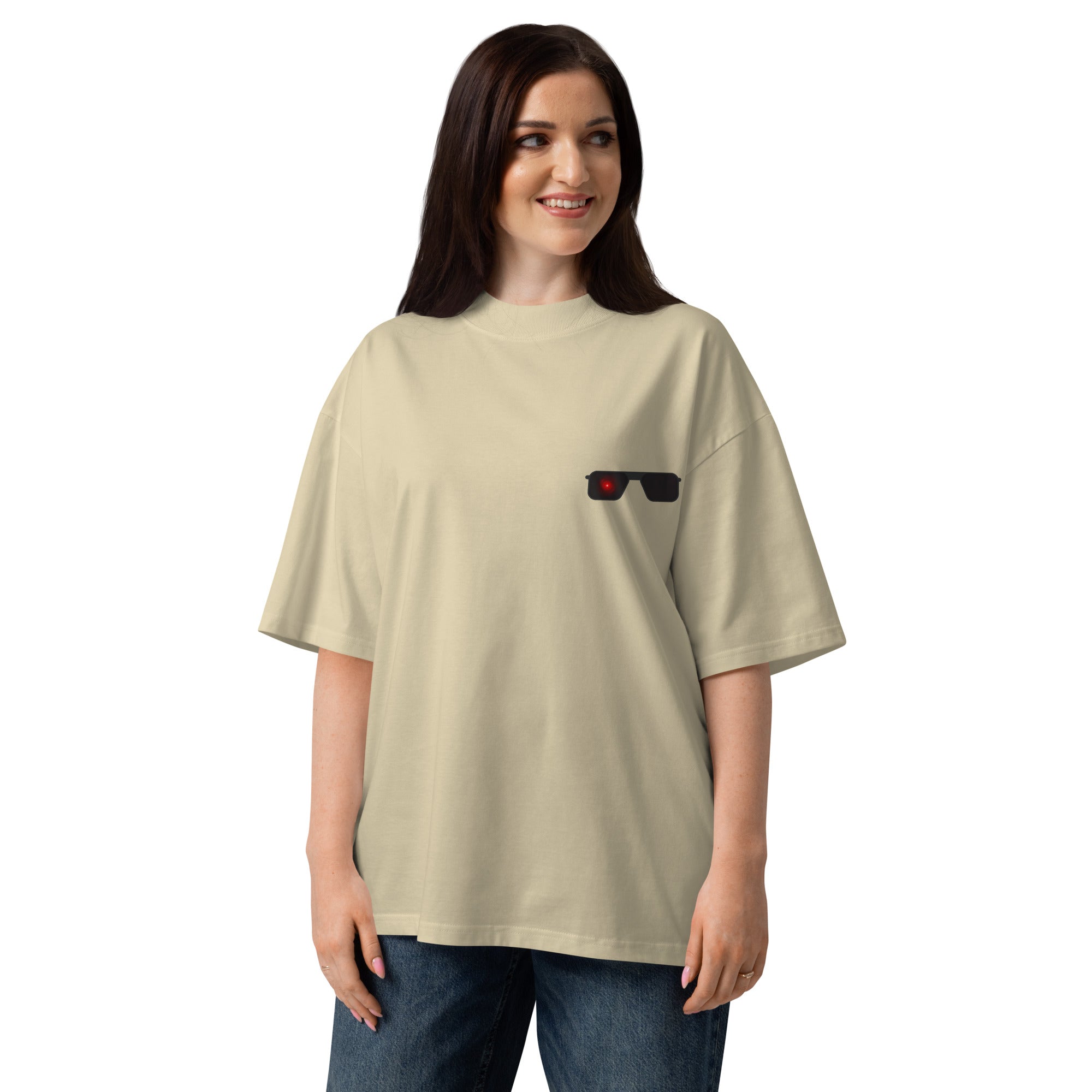 Terminator minimalist sci-fi movie oversized tee in stone, front view