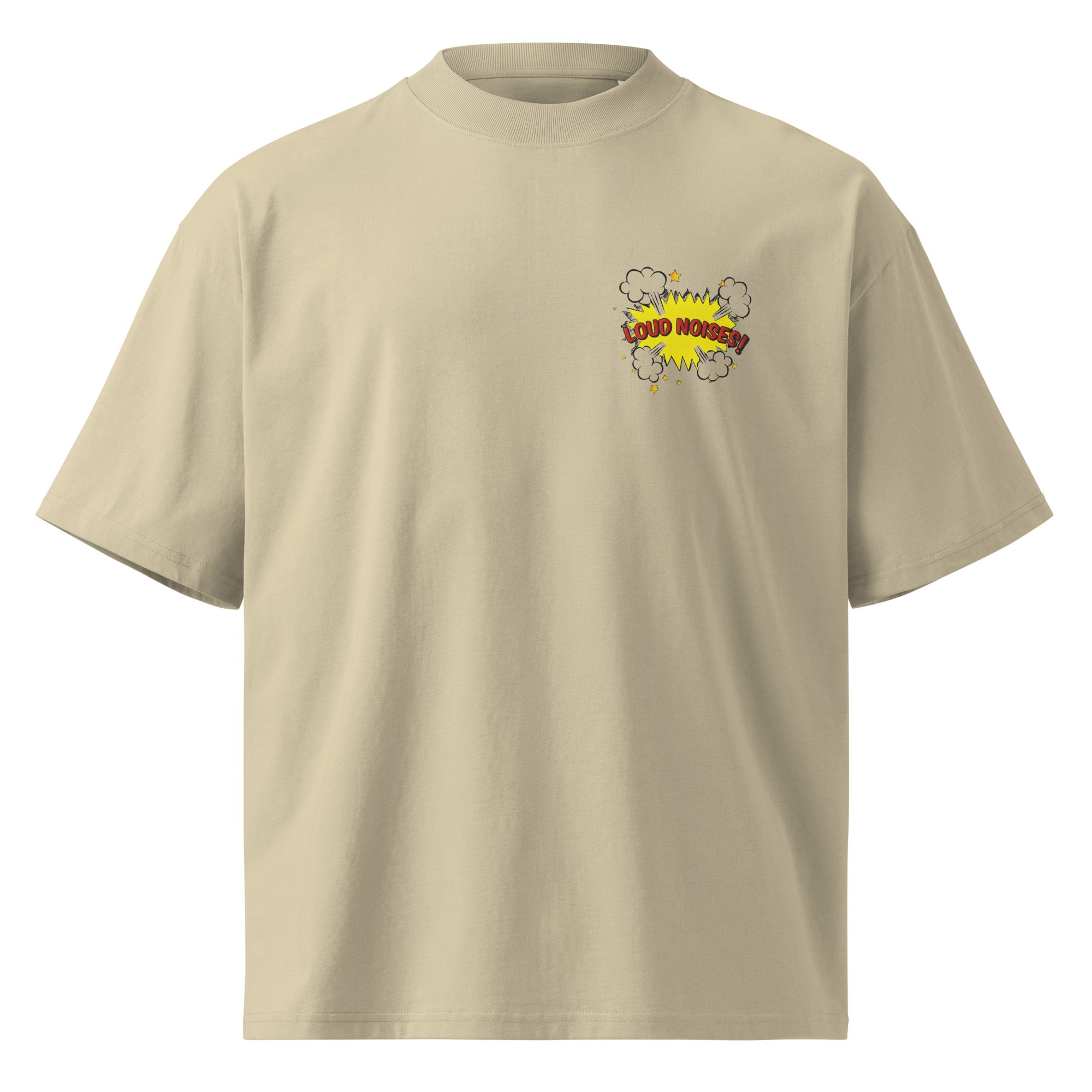 Loud Noises Anchorman Brick Tamland minimalist oversized tee in stone, front view
