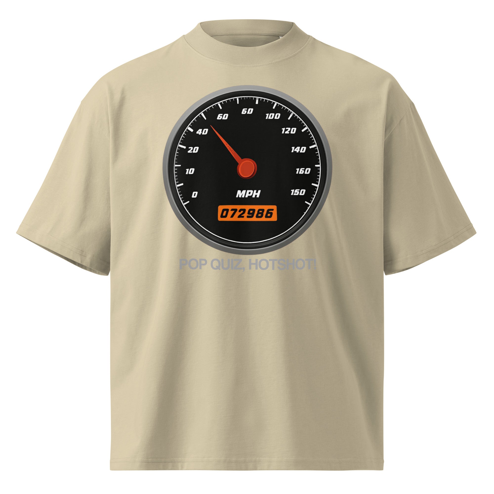 Pop Quiz Hotshot Speed 90s action movie oversized tee in stone, front view