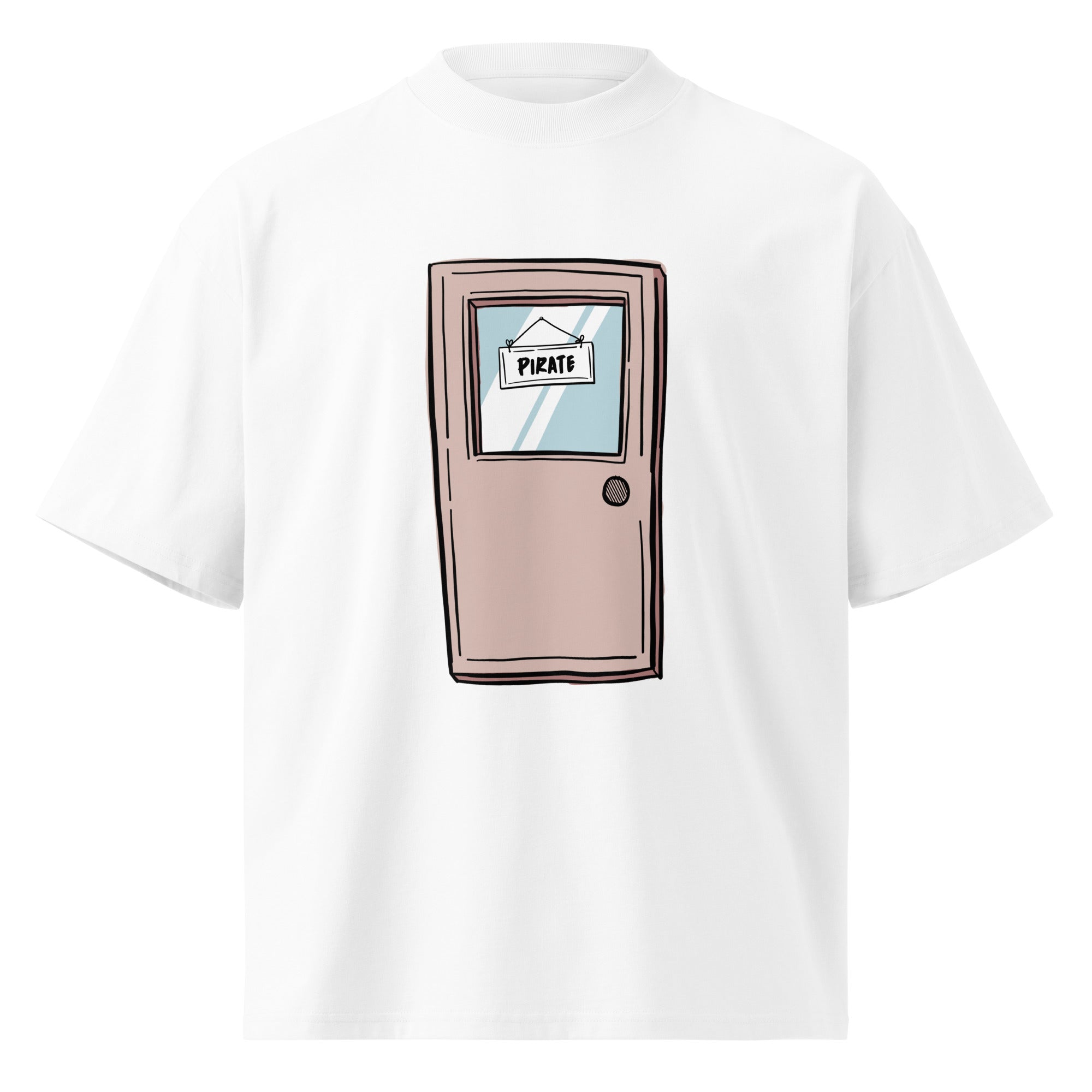 Pirate Door Always Sunny IASIP oversized tee in white, front view