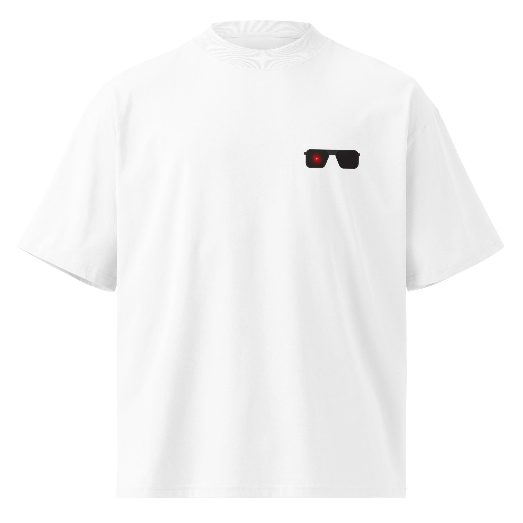 Terminator minimalist sci-fi movie oversized tee in white, front view