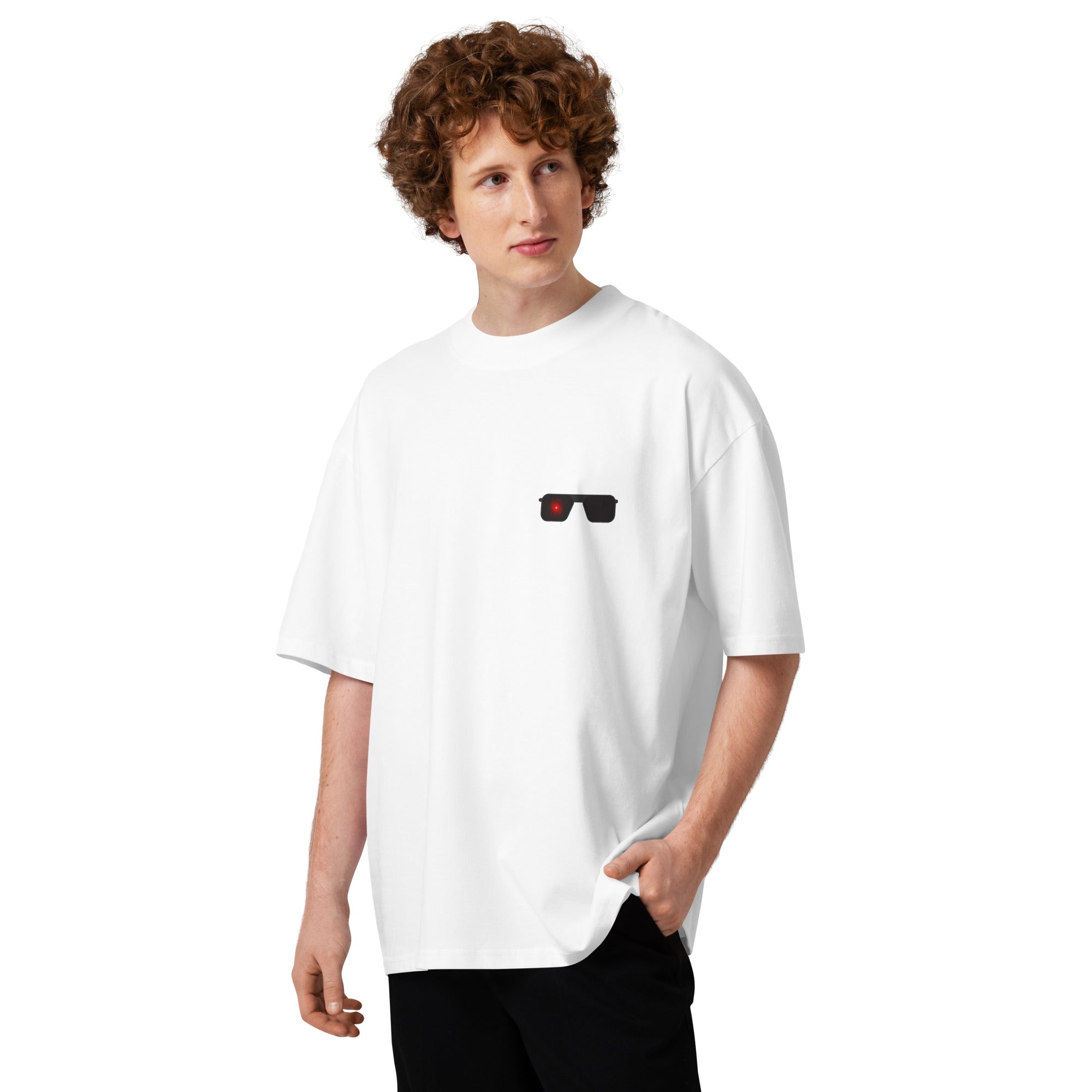 Terminator minimalist sci-fi movie oversized tee in white, front view