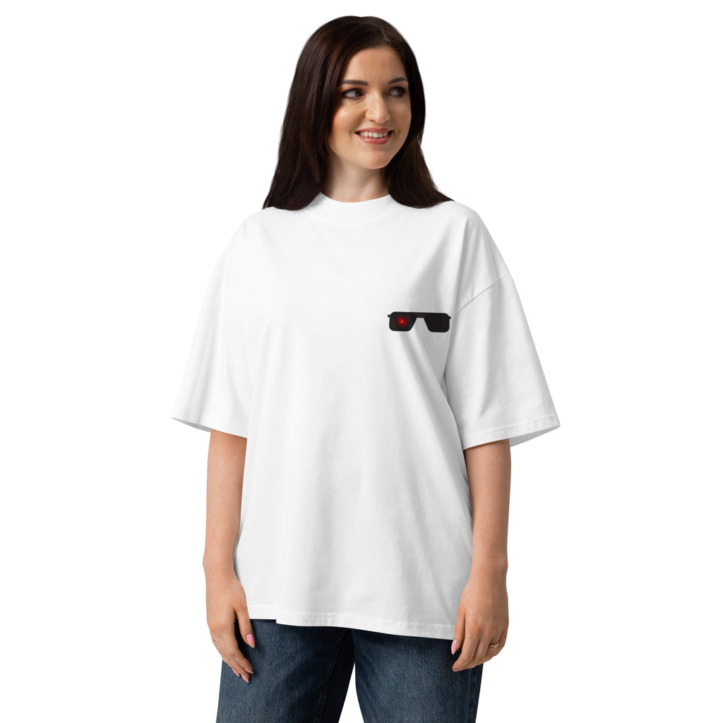 Terminator minimalist sci-fi movie oversized tee in white, front view