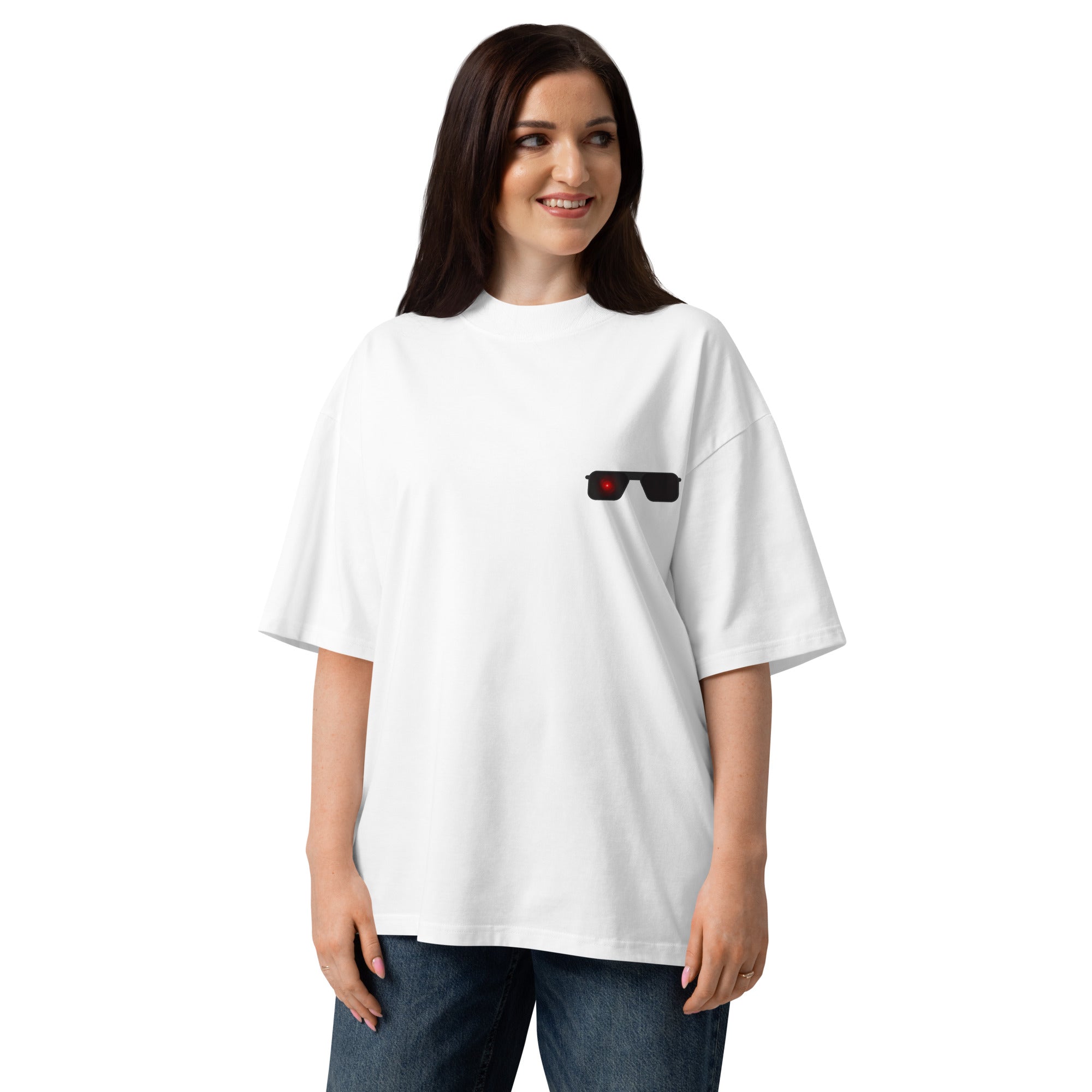 Terminator minimalist sci-fi movie oversized tee in white, front view