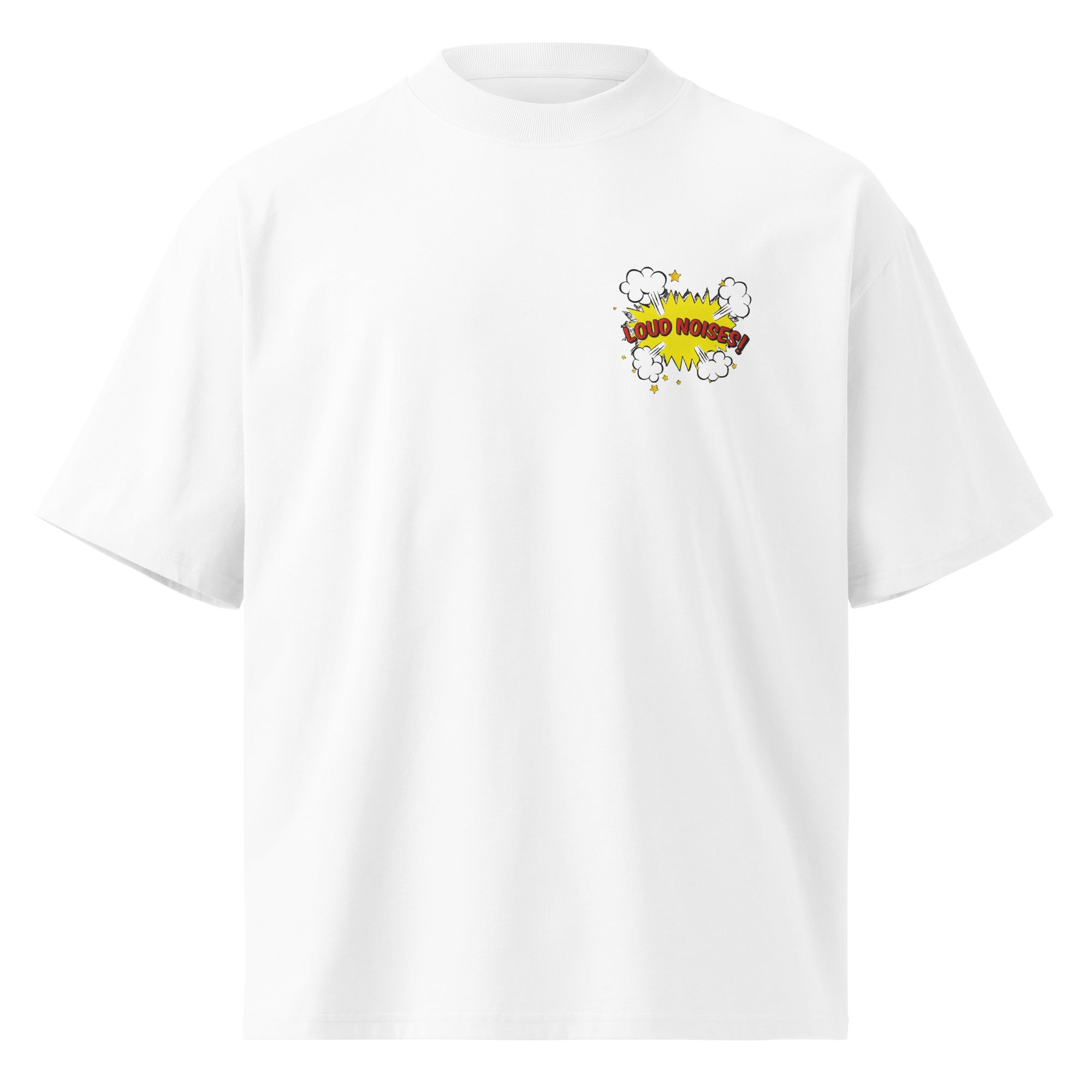 Loud Noises Anchorman Brick Tamland minimalist oversized tee in white, front view