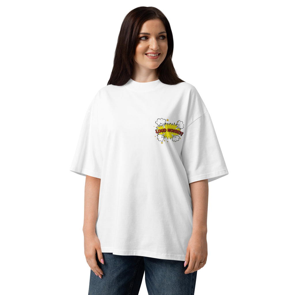 Loud Noises Anchorman Brick Tamland minimalist oversized tee in white, front view