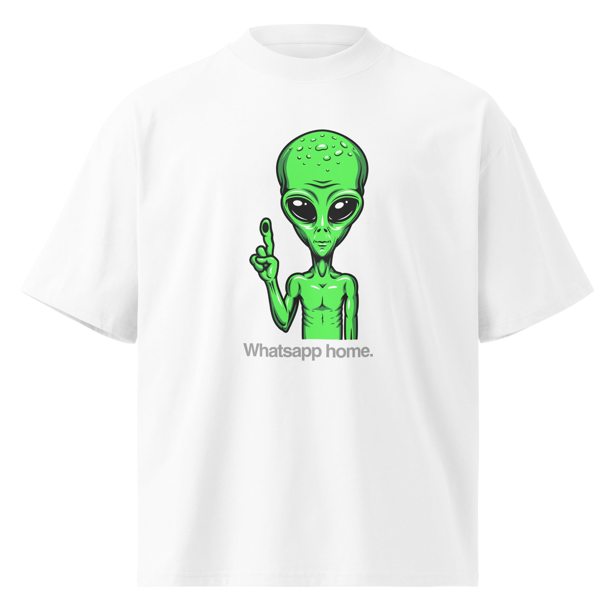 WhatsApp Home funny sci-fi movie oversized tee in white, front view