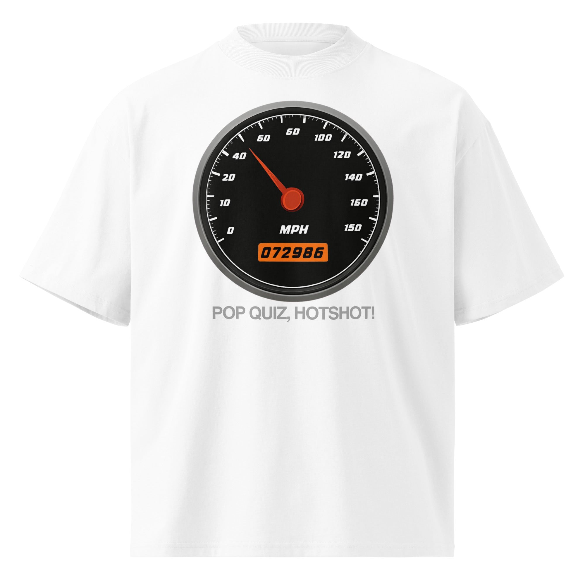 Pop Quiz Hotshot Speed 90s action movie oversized tee in white, front view