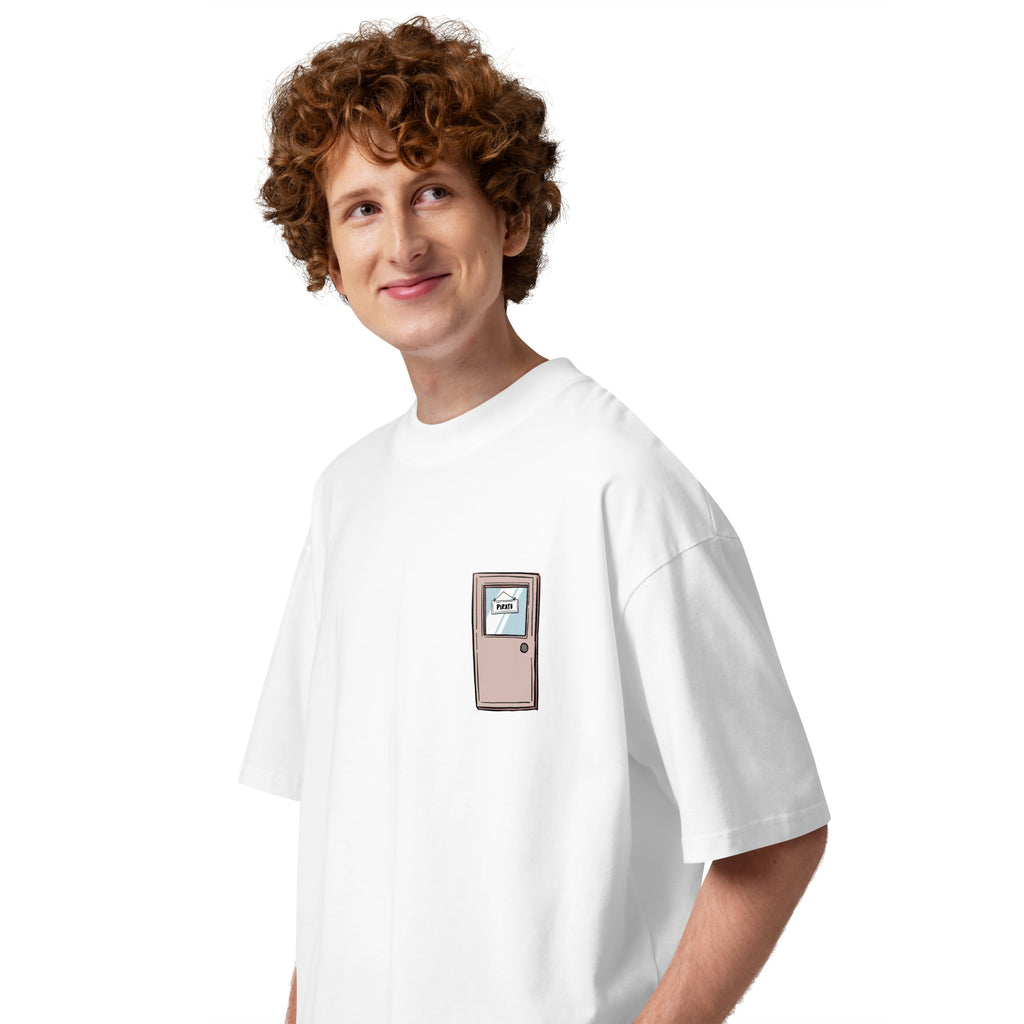 Pirate Door Always Sunny IASIP minimalist oversized tee in white, left side view