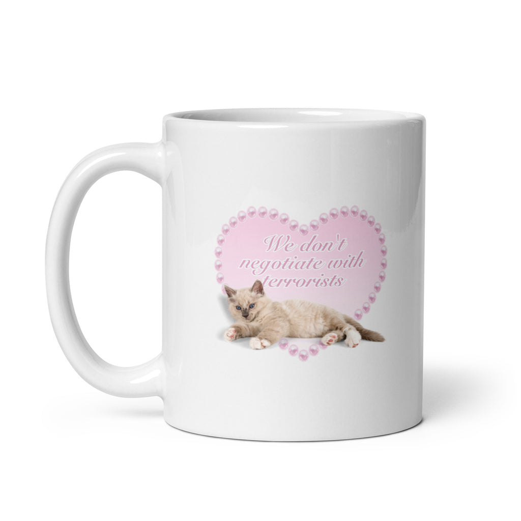 No Concessions funny cat mug in 11oz white, left handle view