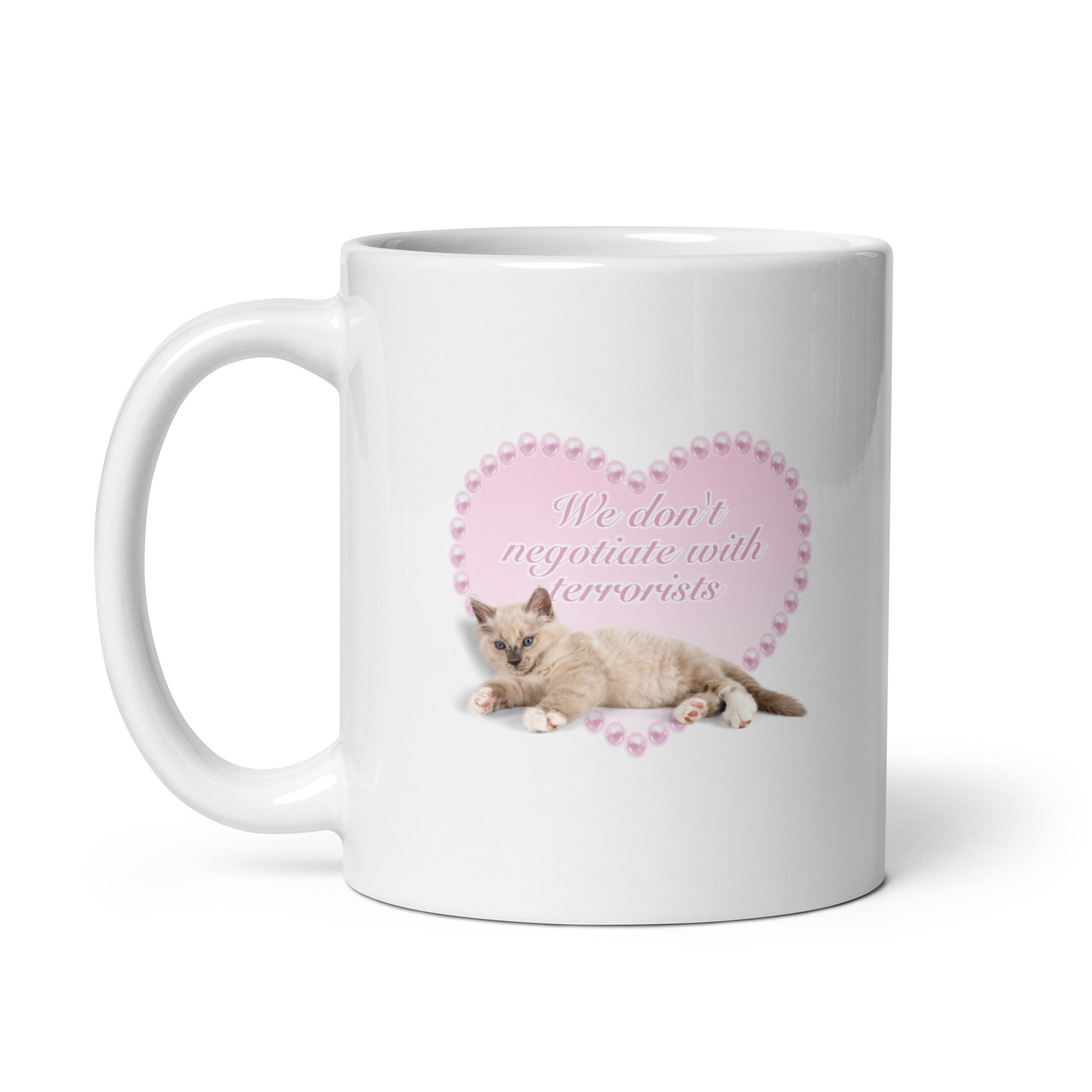 No Concessions funny cat mug in 11oz white, left handle view