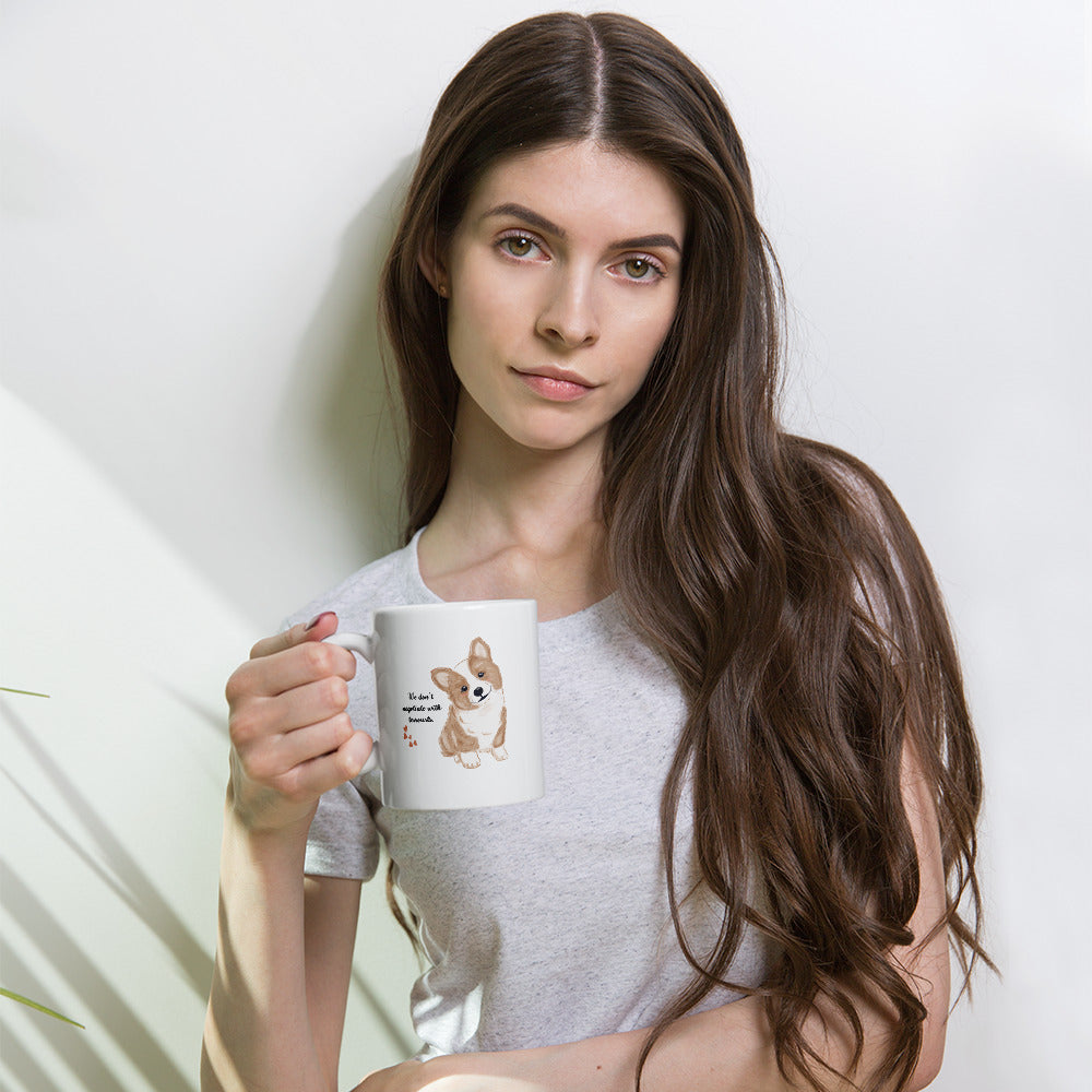 Threat Level Adorable funny dog mug in 11oz white, lifestyle view