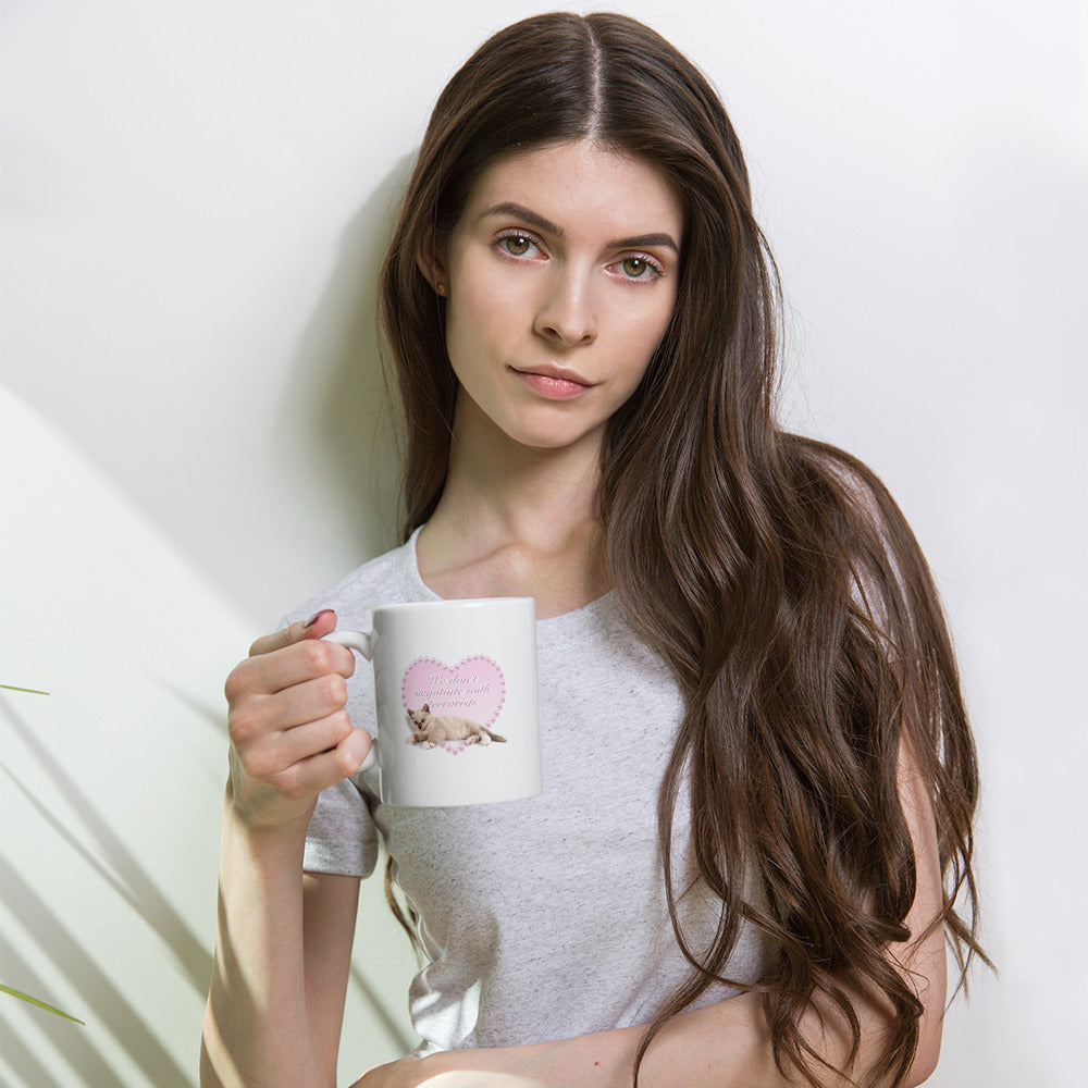 No Concessions funny cat mug in 11oz white, lifestyle view