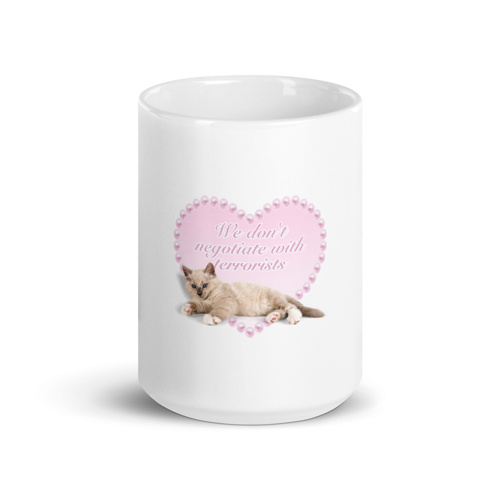 No Concessions funny cat mug in 15oz white, front view