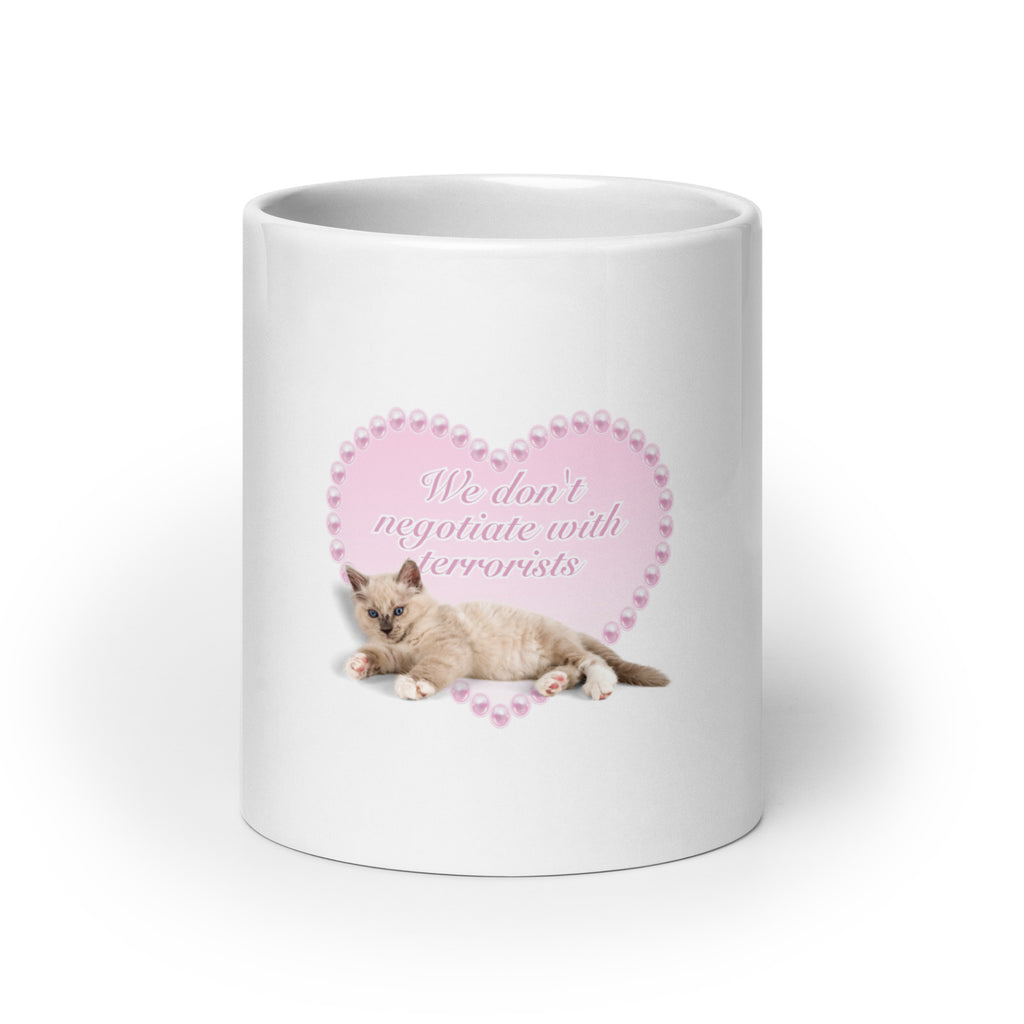 No Concessions funny cat mug in 20oz white, front view